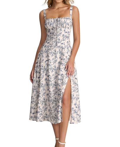 GLNEGE Summer Corset Midi Wedding Guest Milkmaid Tea Party Flowy Sundress