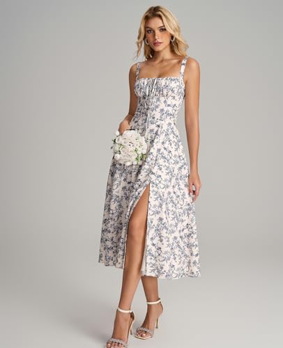 GLNEGE Summer Corset Midi Wedding Guest Milkmaid Tea Party Flowy Sundress