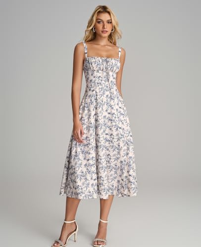 GLNEGE Summer Corset Midi Wedding Guest Milkmaid Tea Party Flowy Sundress