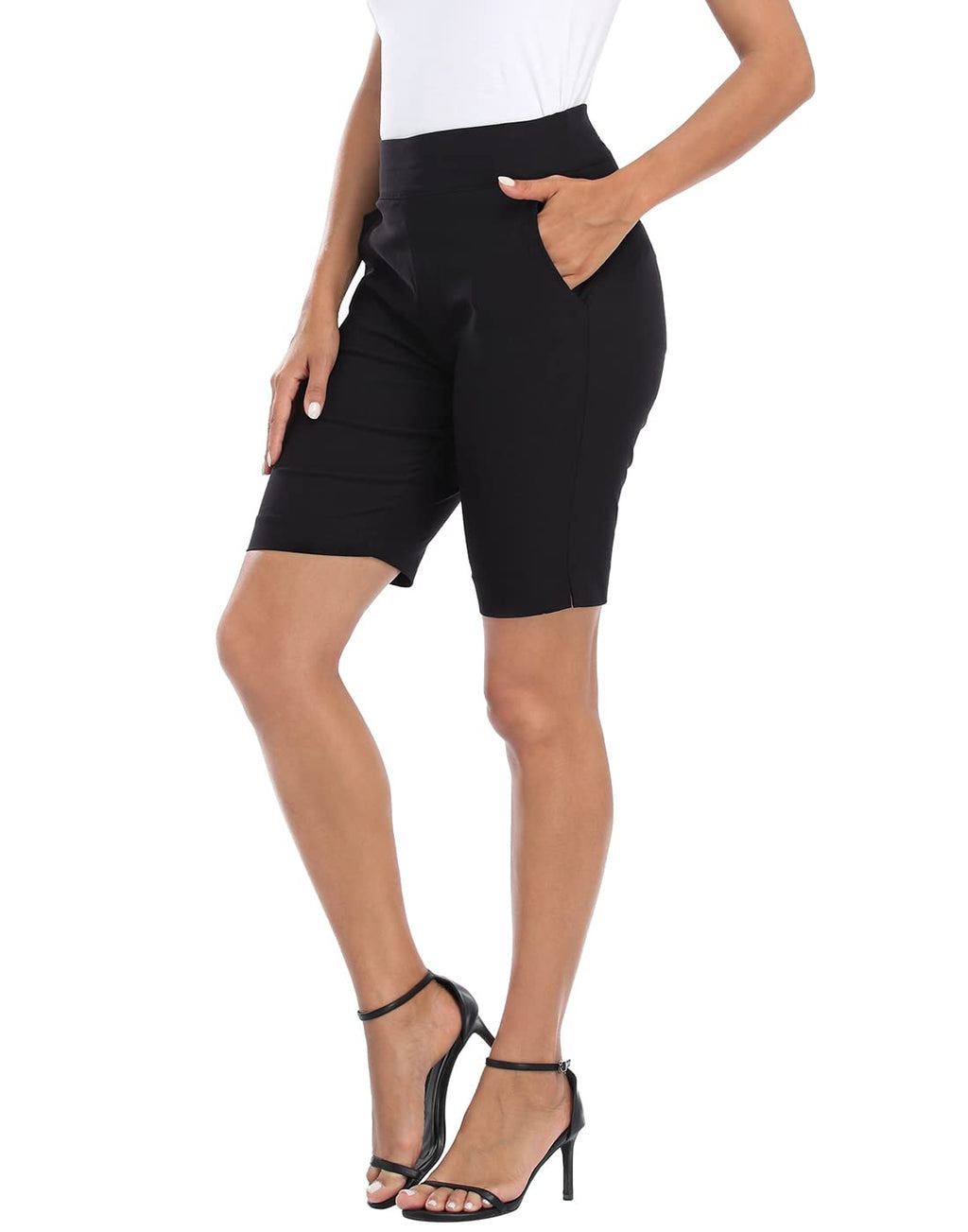 HDE Women's Pull On Bermuda Shorts Mid Rise 10" Inseam Shorts with Pockets