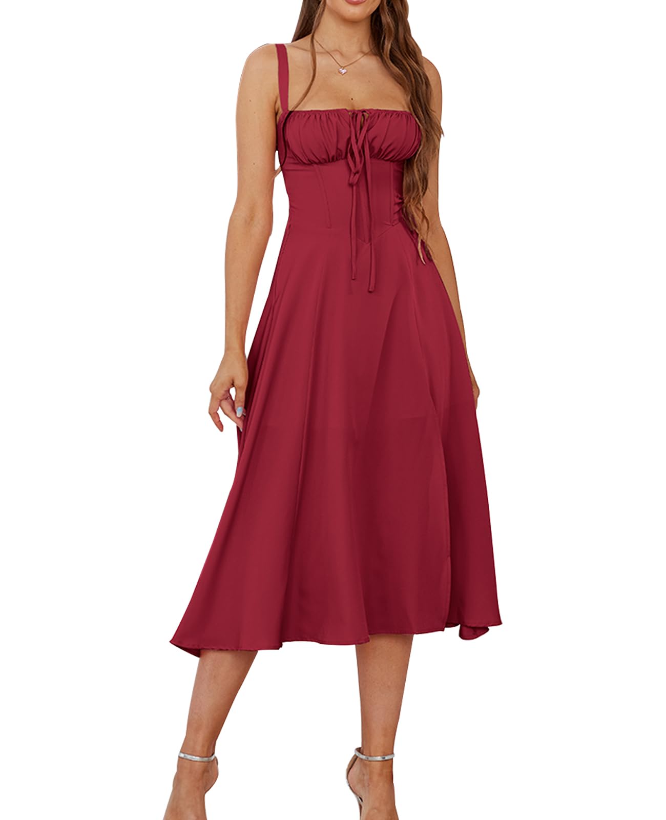 GLNEGE Summer Corset Midi Wedding Guest Milkmaid Tea Party Flowy Sundress